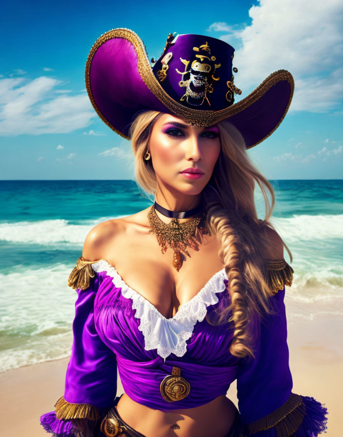 Blonde woman in purple pirate costume on beach with large hat