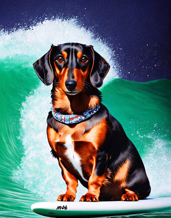 Colorful Collar Dachshund Surfing on Wave Under Starry Sky