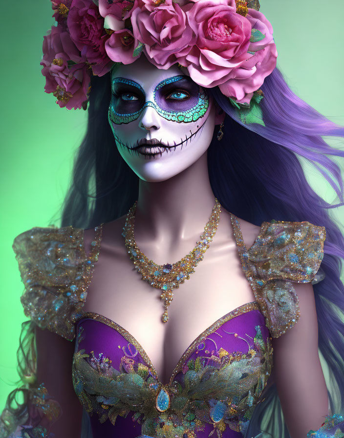 Woman with sugar skull makeup and rose crown in jewel dress on green background