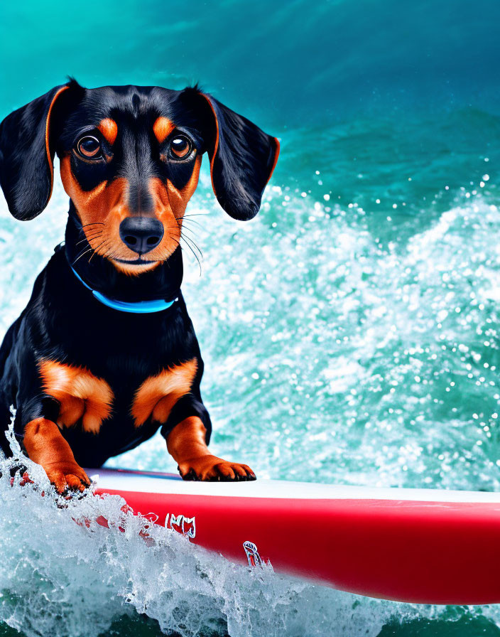 Black and Tan Dachshund on Red Surfboard with Ocean Waves