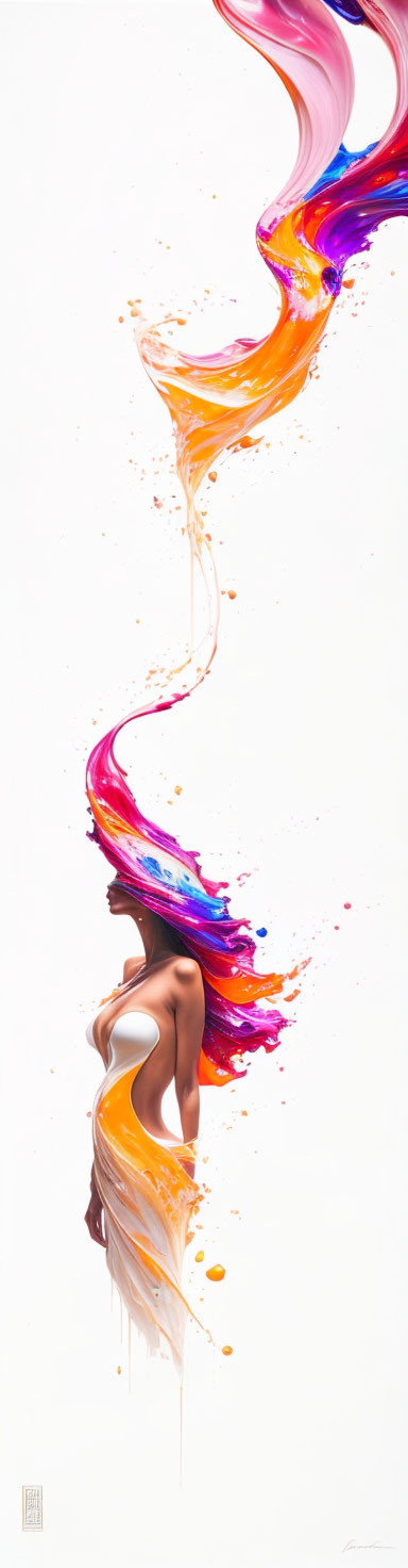 Woman's silhouette merges with colorful swirling ribbons on white background