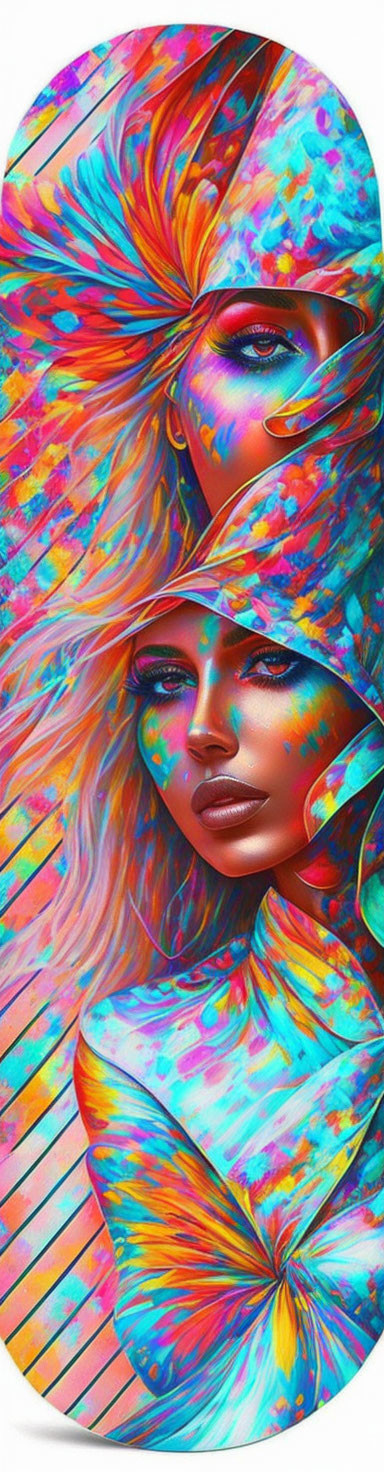 Colorful Psychedelic Art: Two Women's Faces Blended with Abstract Patterns and Butterfly Wings