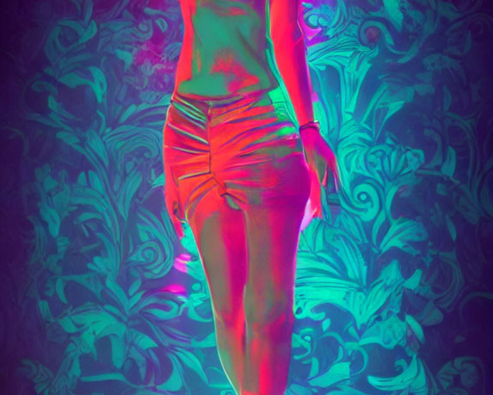 Stylized image of person with flowing hair in neon-lit room