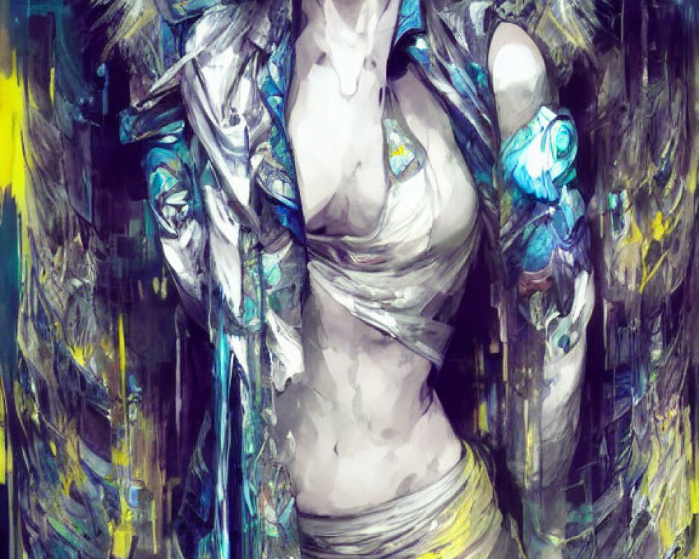 Dynamic artwork of fierce figure with wings in vibrant blues and yellows