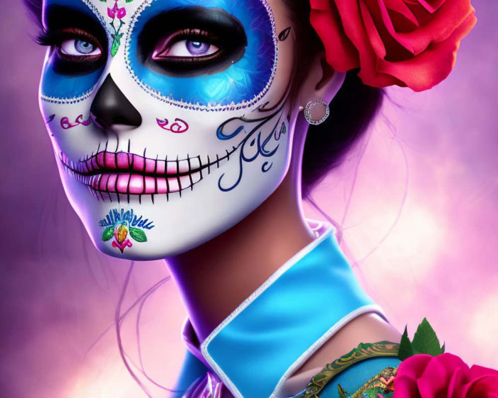 Woman with Day of the Dead sugar skull makeup and red rose in hair, blue outfit with floral embroidery