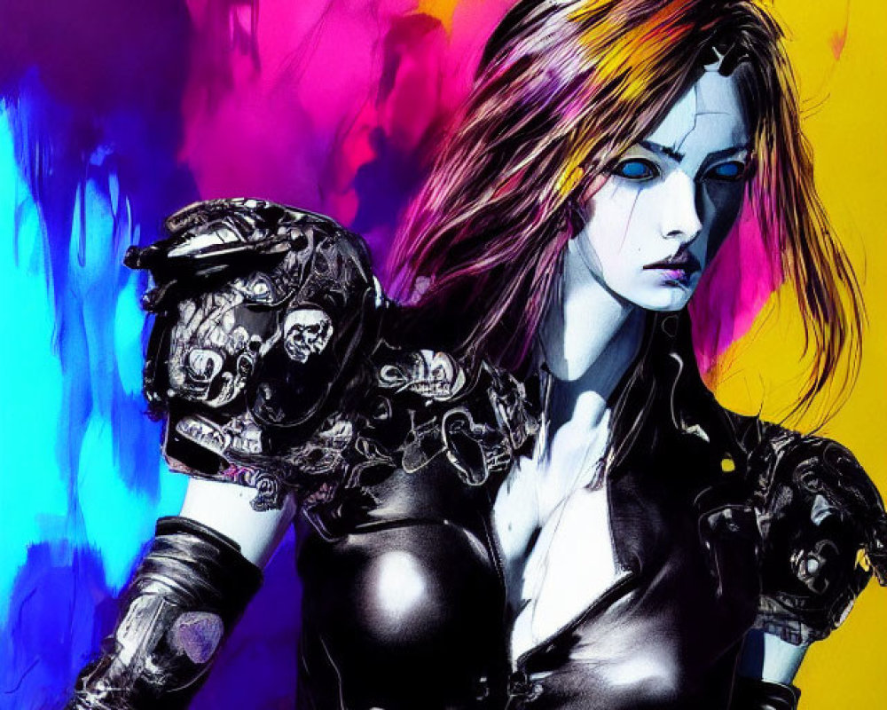 Stylized artwork of woman in edgy armor against vibrant background