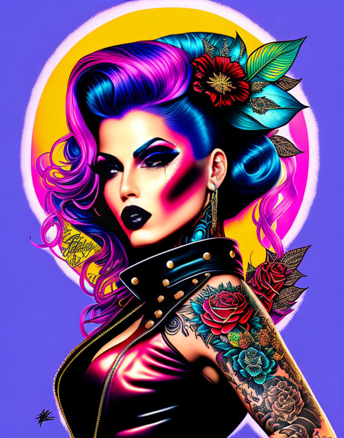 Vibrant Blue Hair Woman with Tattoos and Flower on Purple Background