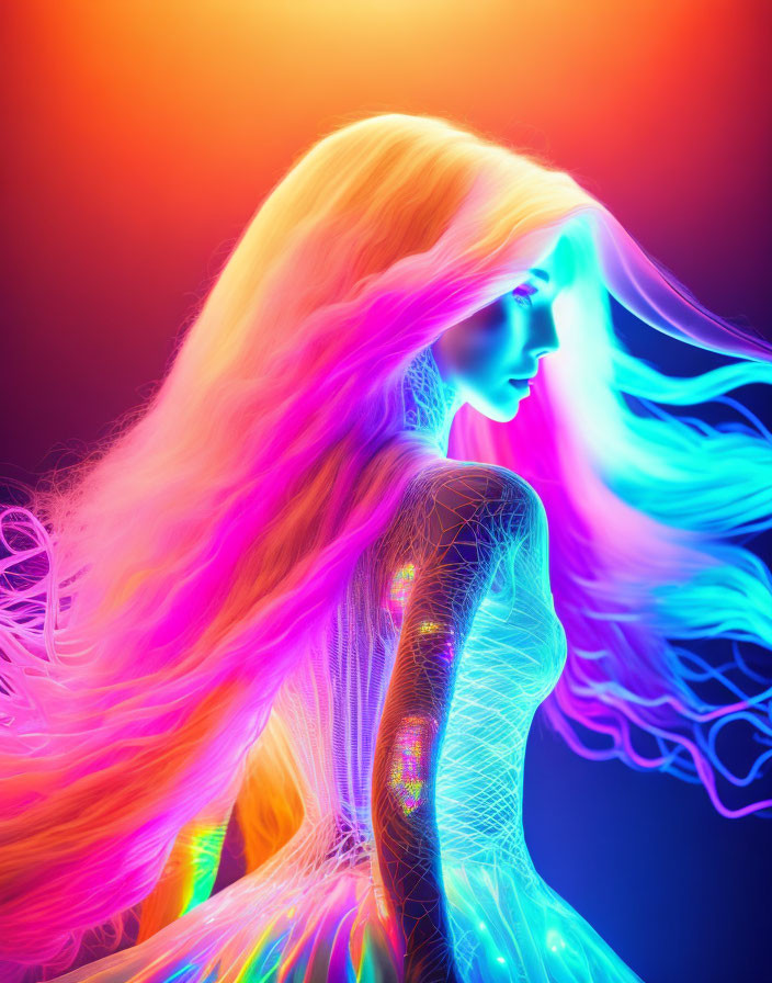 Colorful neon portrait with flowing hair on gradient backdrop