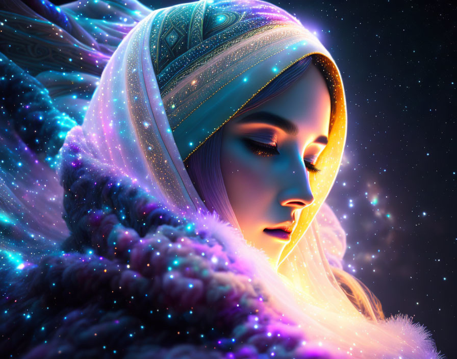 Vibrant cosmic-themed digital artwork of a woman with glowing headscarf