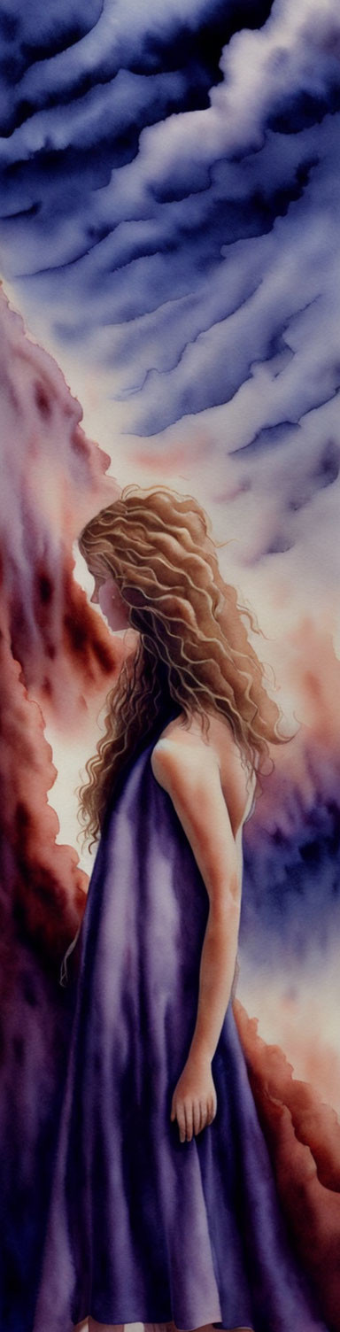 Curly-haired girl in purple dress gazes at dreamy sky between cliffs