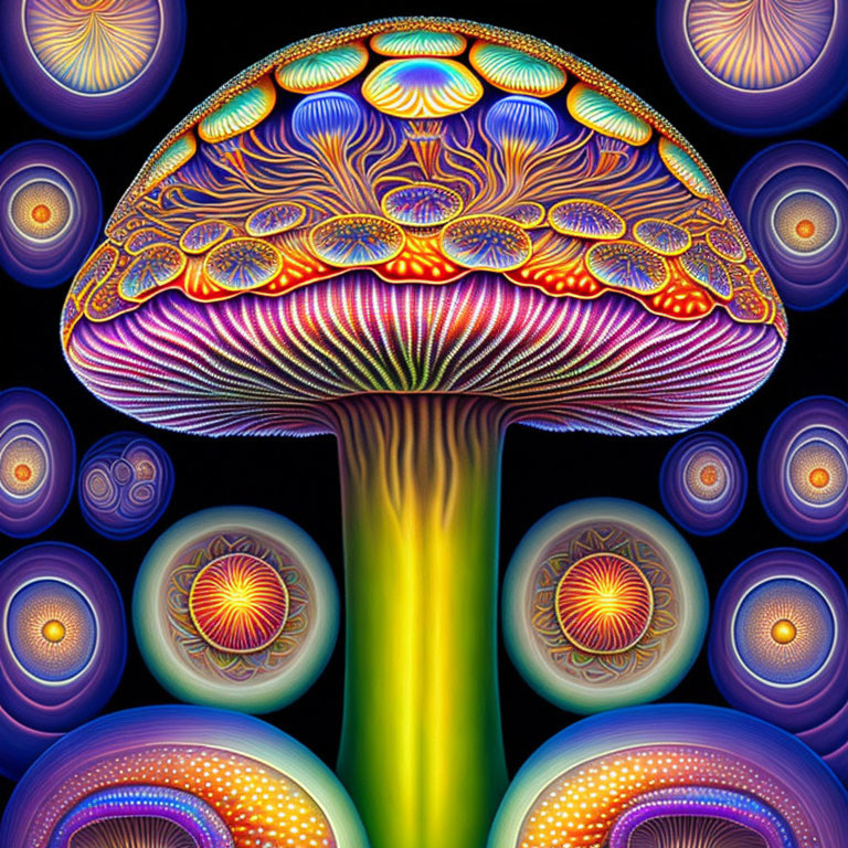 Colorful Psychedelic Mushroom Art with Neon Orbs on Dark Background