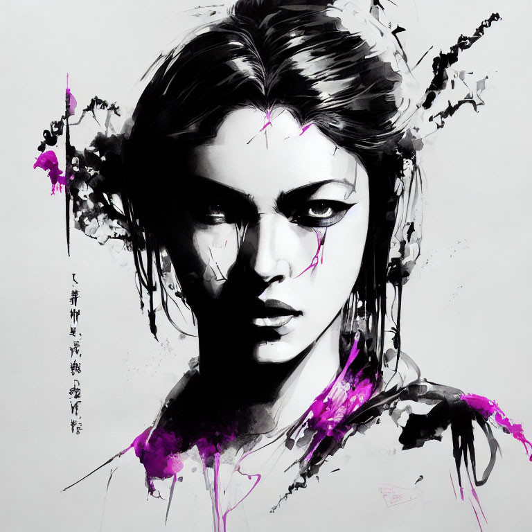 Monochromatic portrait of stylized woman with sharp features and purple ink splashes.