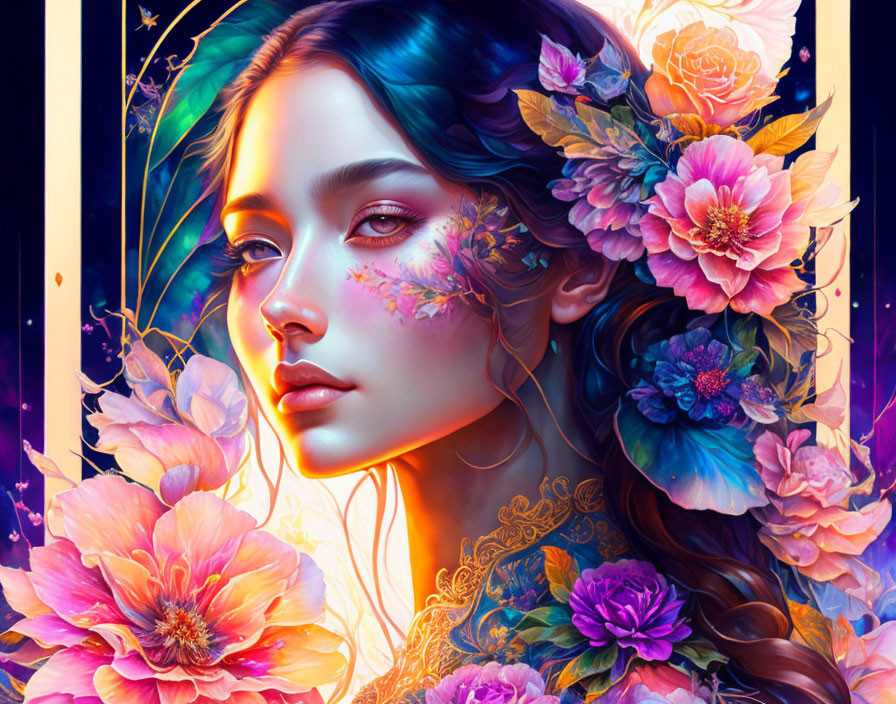 Digital artwork: Woman with floral hair, surrounded by vibrant flowers on a night sky backdrop.