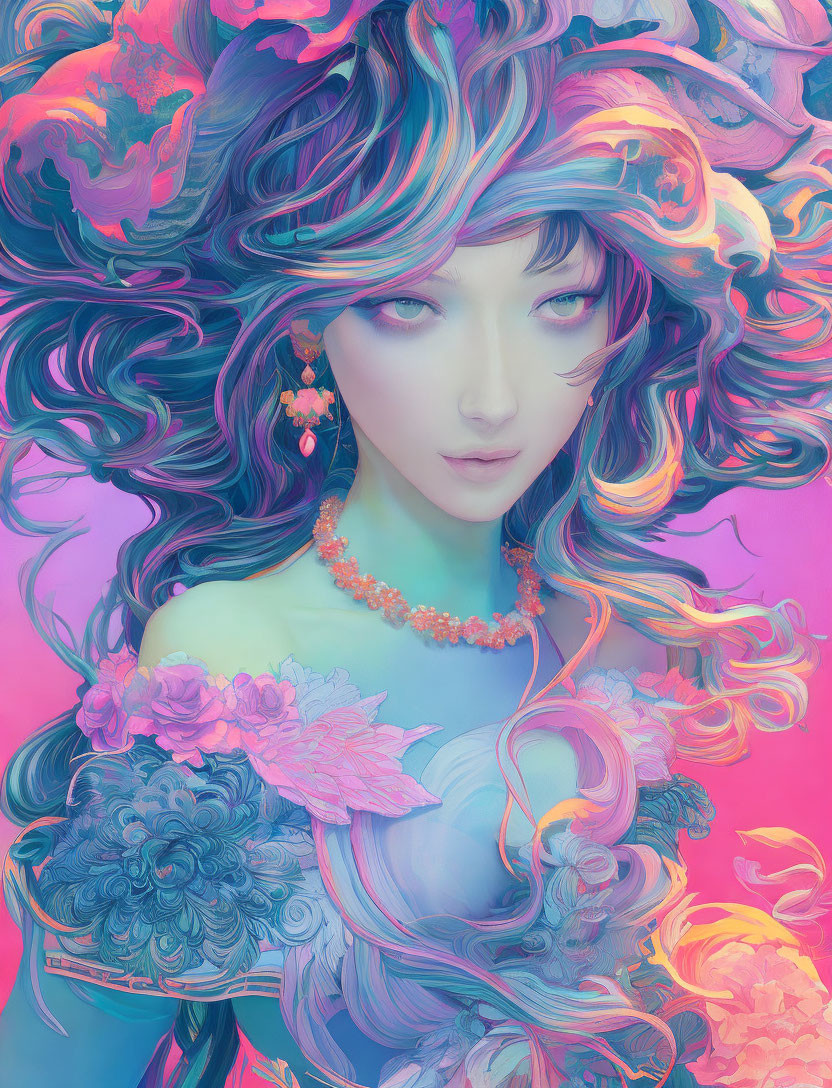 Illustration of woman with multicolored hair and flowers on pink background