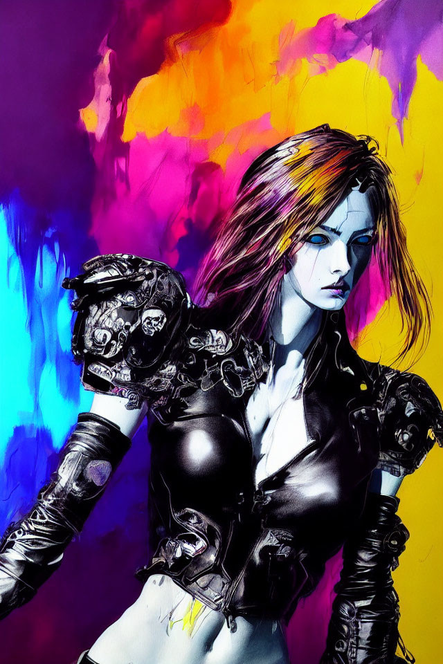 Stylized artwork of woman in edgy armor against vibrant background