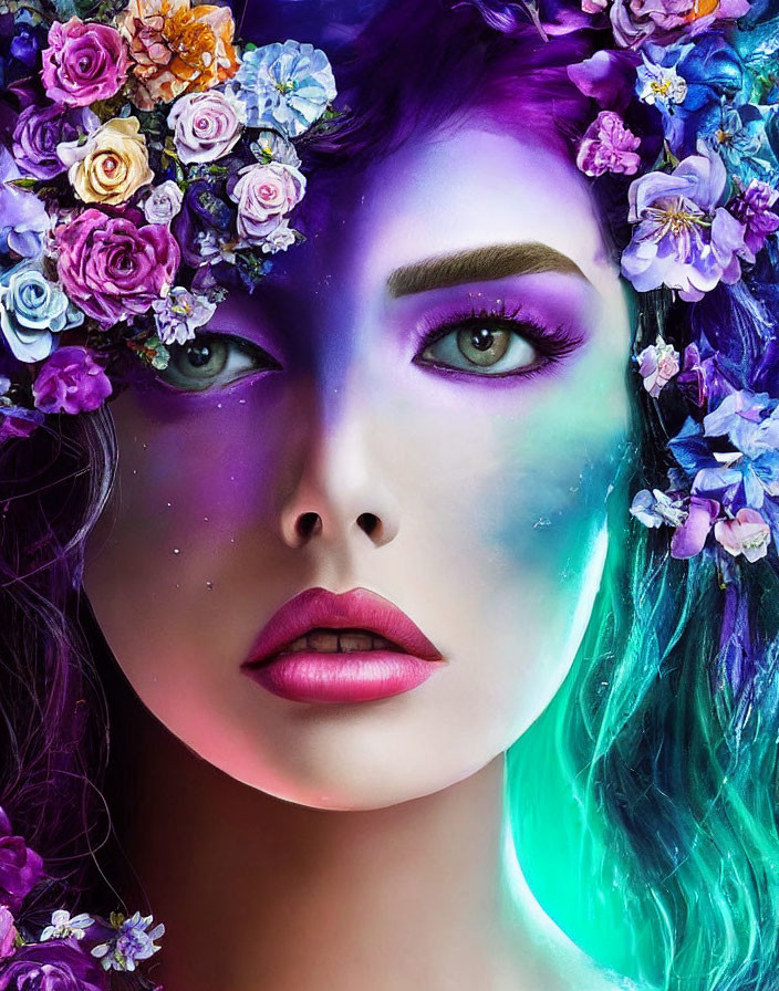 Person portrait with vibrant purple and turquoise makeup and flower crown