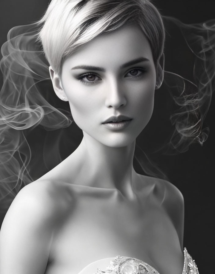 Monochrome portrait of woman with short haircut and swirling smoke