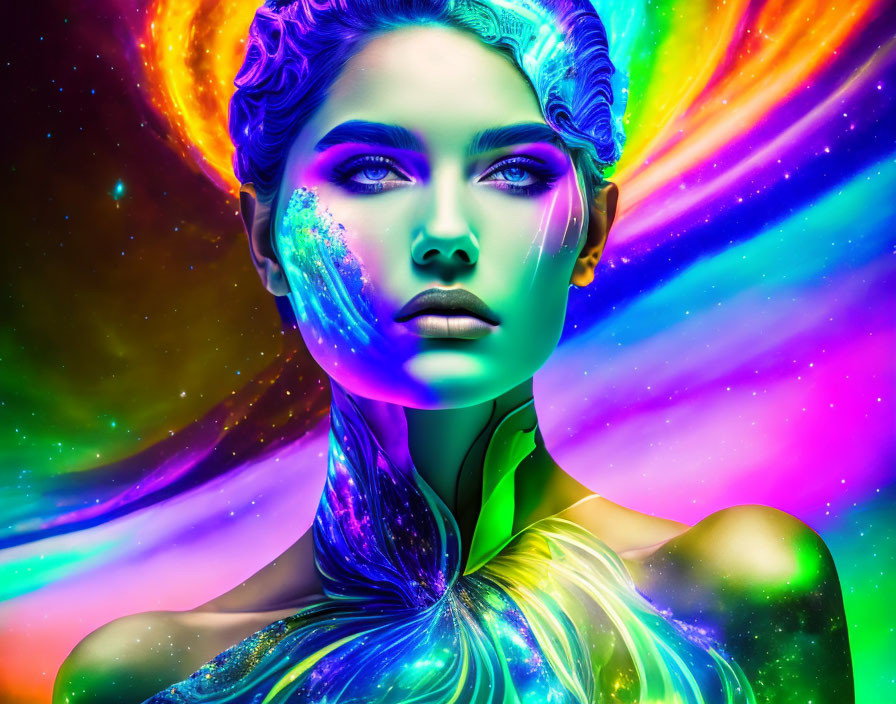 Colorful portrait of woman with neon makeup against cosmic backdrop