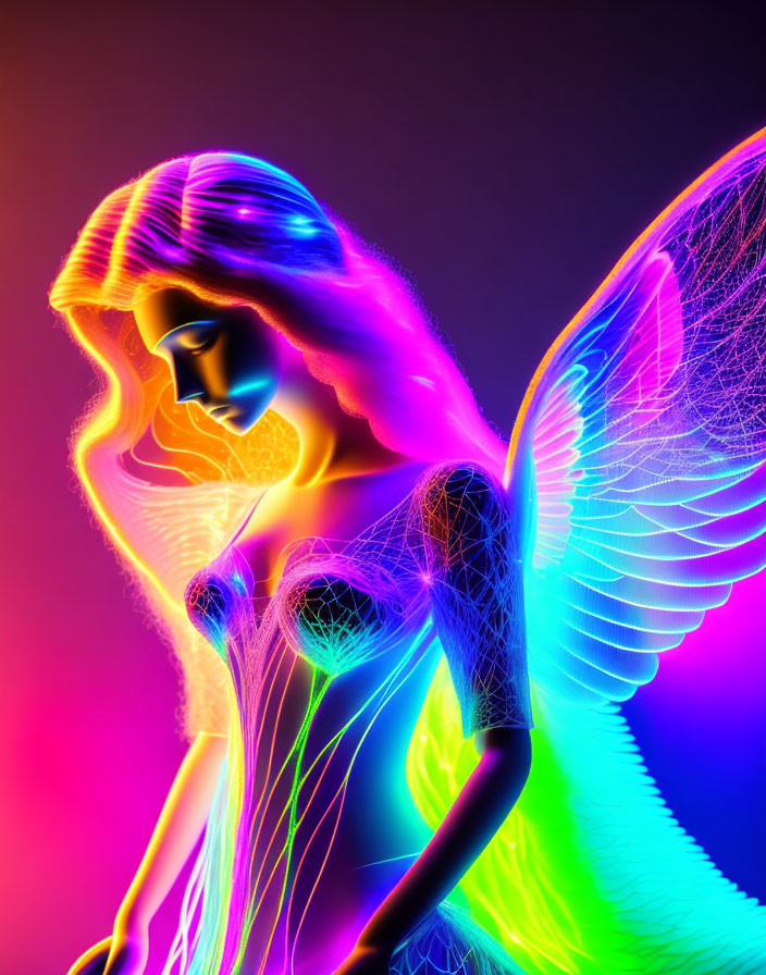 Vibrant winged figure in neon colors on gradient backdrop