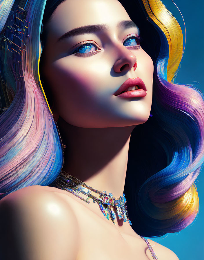 Vibrant 3D Illustration: Woman with Multicolored Hair and Intricate Jewelry