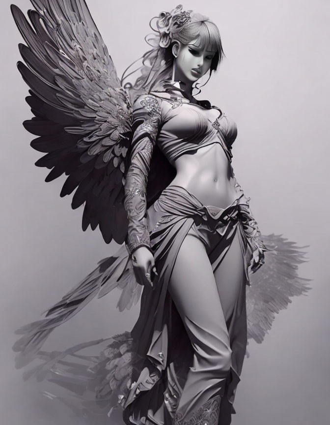 Monochrome image of female angel figurine with intricate wings and tattoos