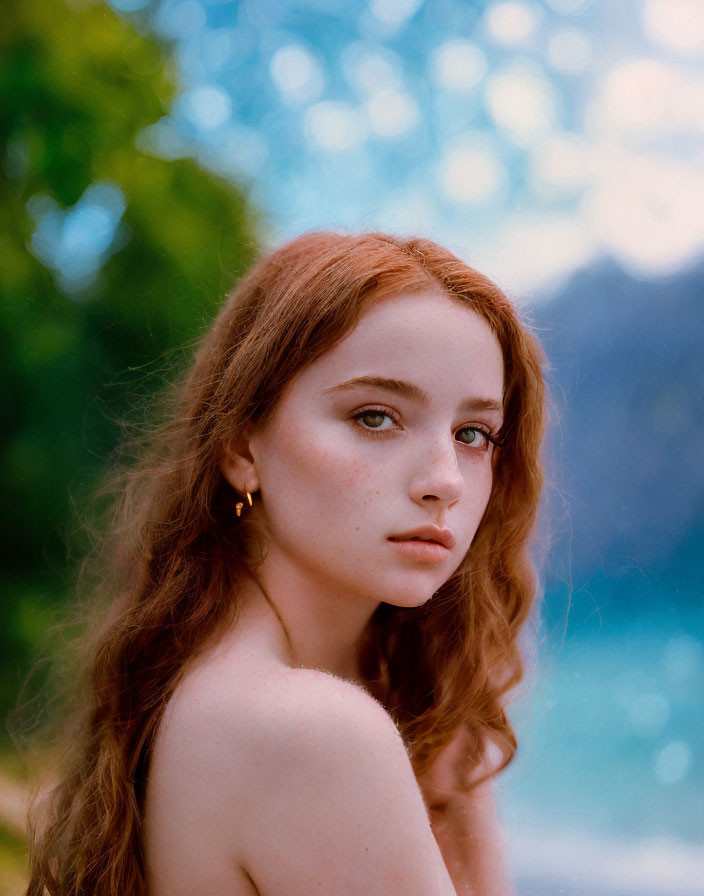 Red-Haired Woman with Freckles in Nature Portrait