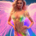 Colorful Digital Artwork: Angelic Figure in Neon Rainbow Colors