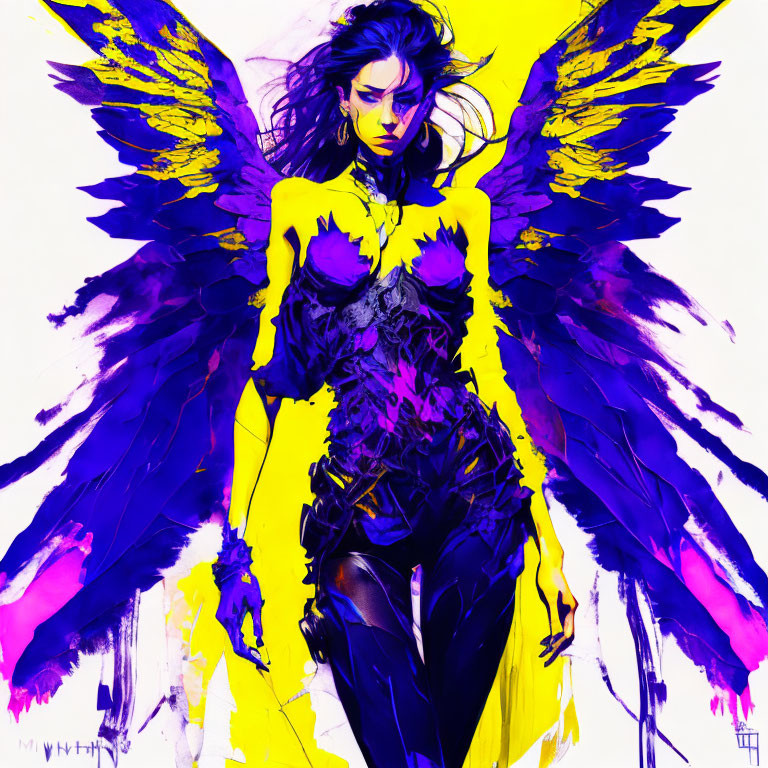 Dark majestic angel with black and purple wings and yellow accents