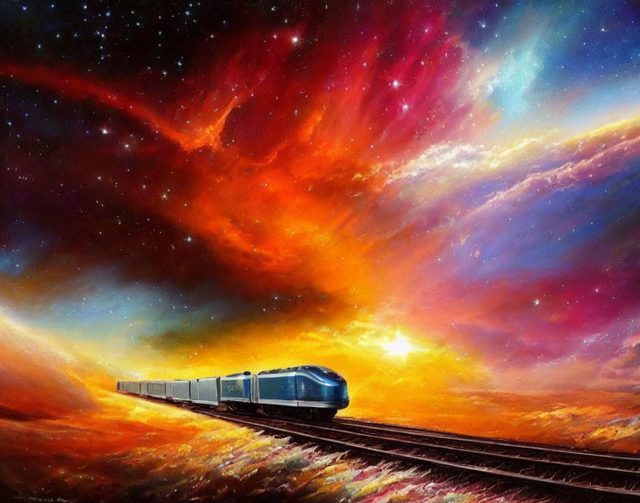 Colorful painting of blue train in cosmic landscape with nebulae