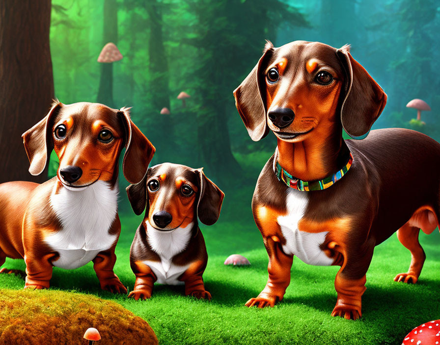 Whimsical forest scene with three expressive cartoon dachshunds