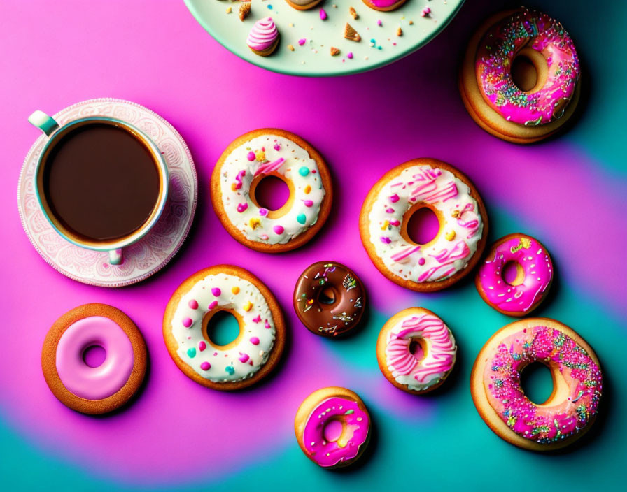 Colorful Frosted Donuts with Sprinkles and Coffee on Pink Teal Background