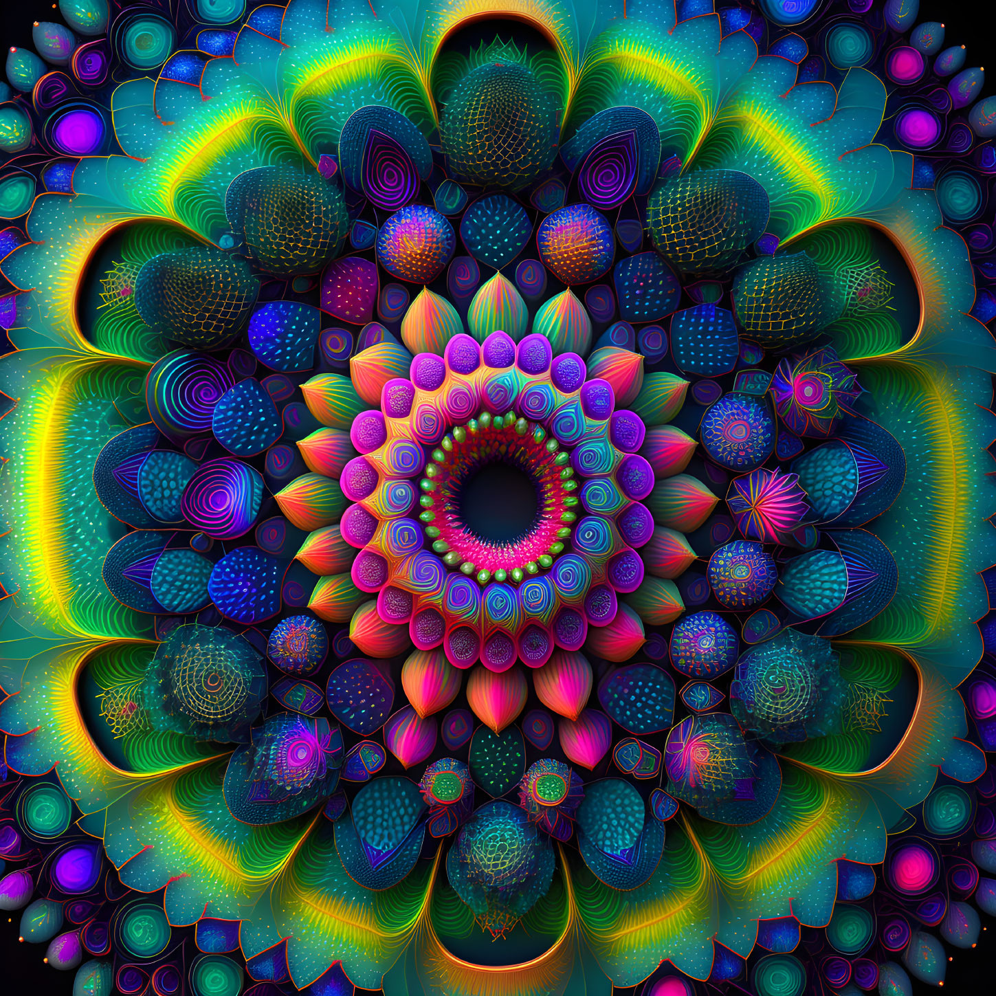 Vibrant Fractal Mandala Art with Layered Spherical Patterns