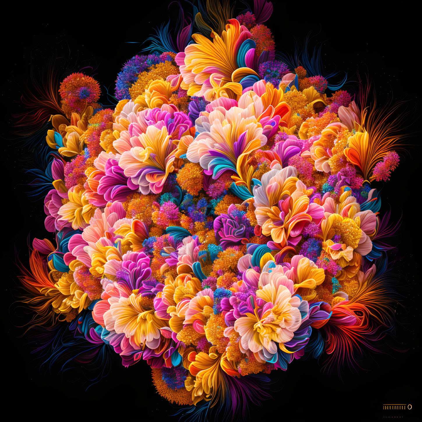 Symmetrical arrangement of colorful flowers on dark background