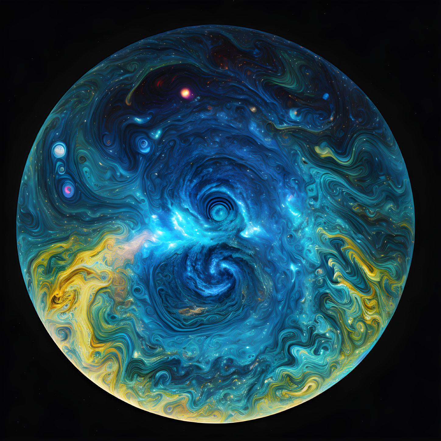 Swirling galaxy-like vortex in blue, black, and gold hues on starry space background