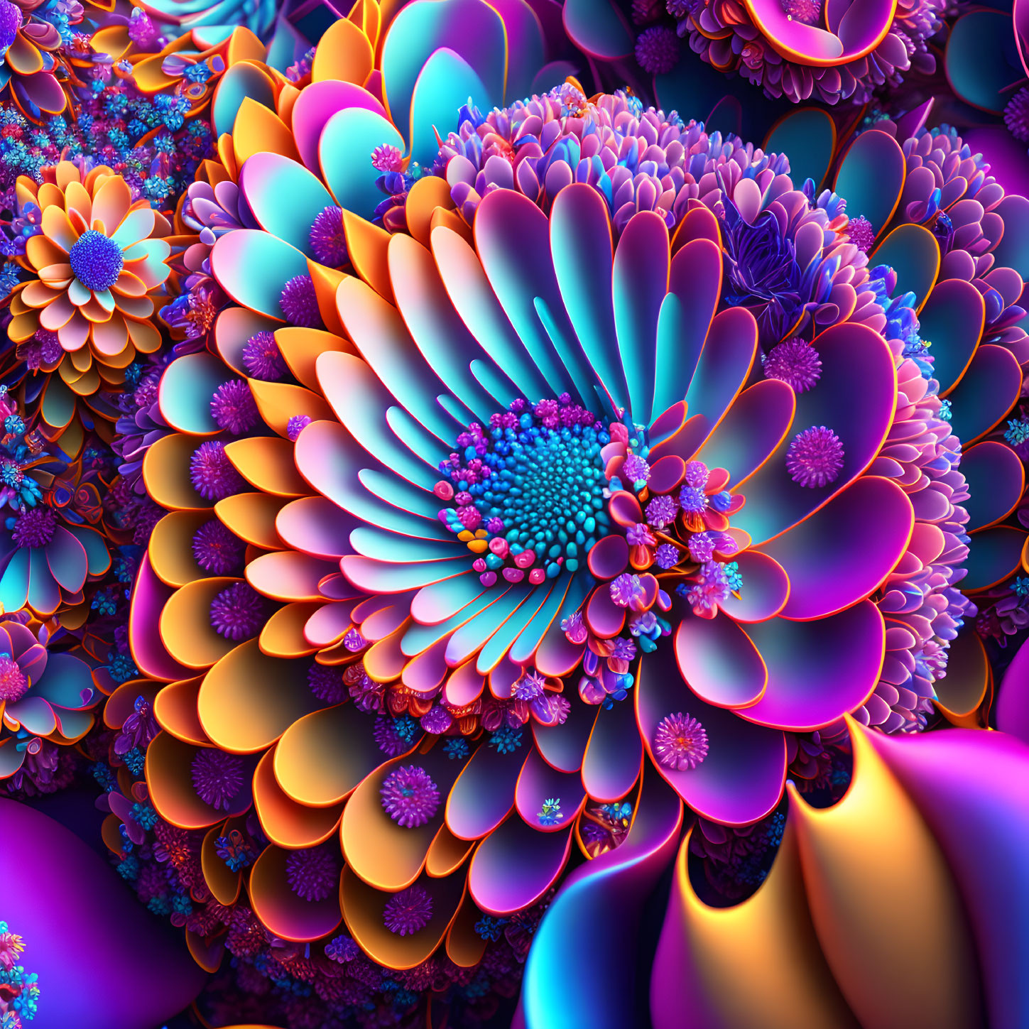 Colorful fractal flower art in purple, blue, and orange