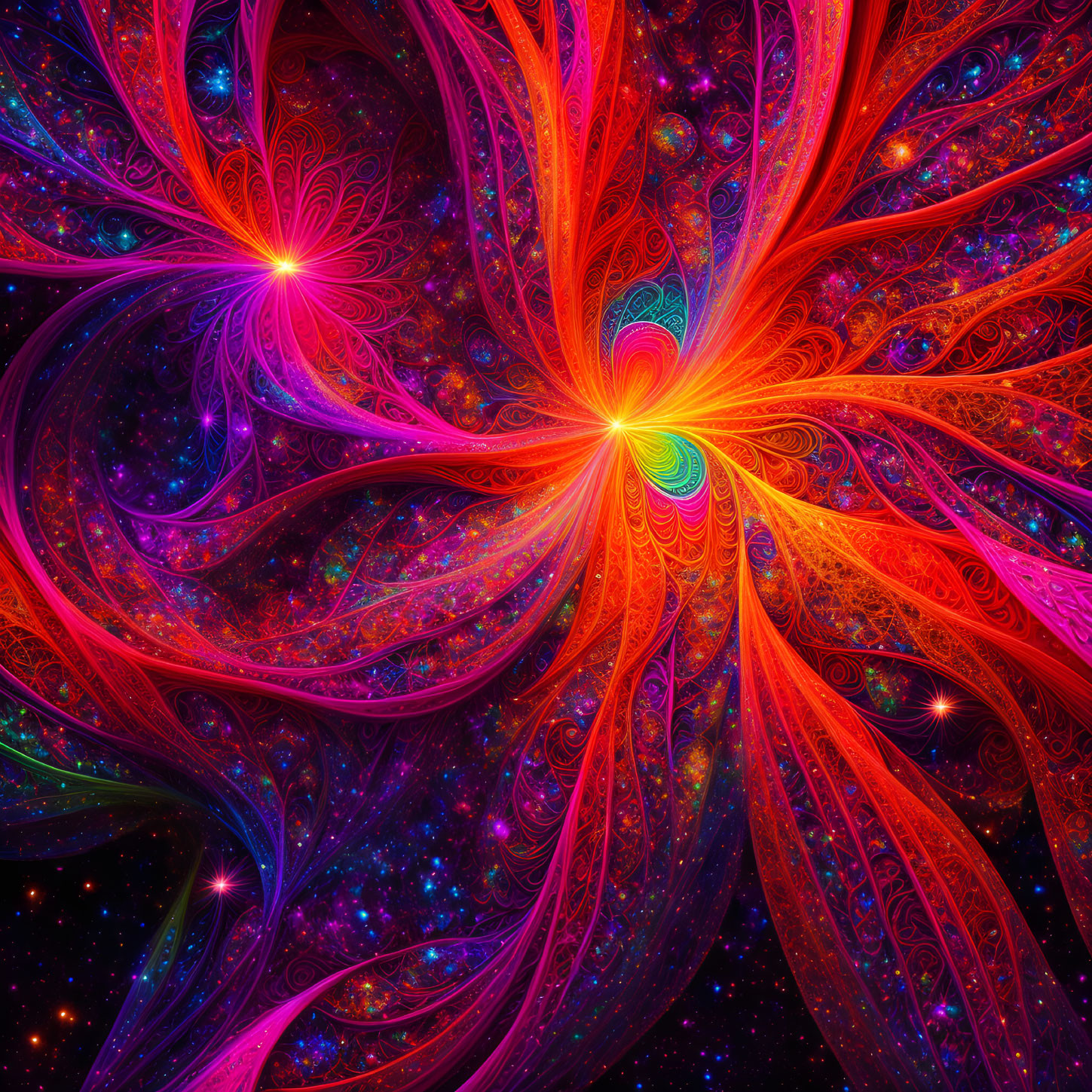 Vivid Abstract Fractal Image with Swirling Patterns and Bright Light Points