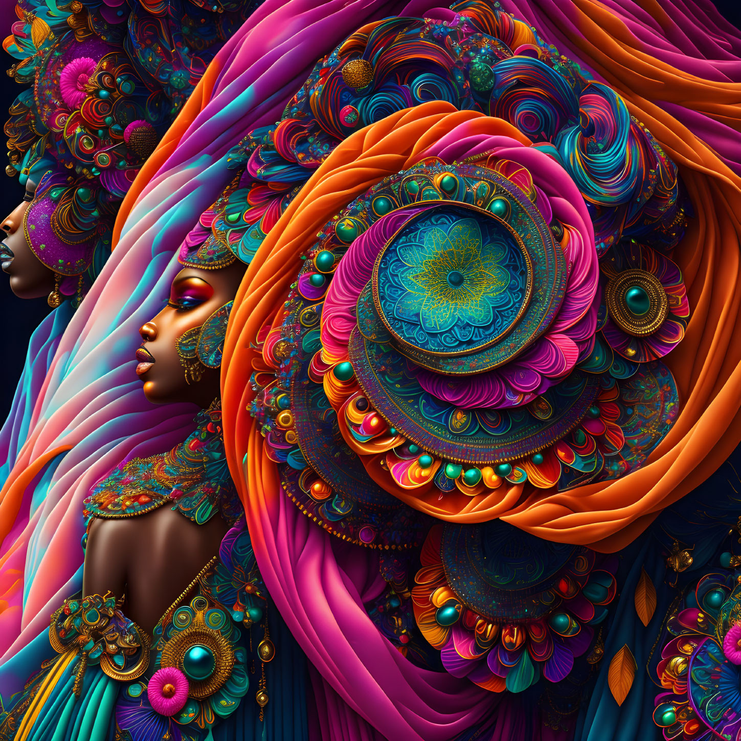 Colorful digital artwork of two stylized profiles with intricate, psychedelic hair designs