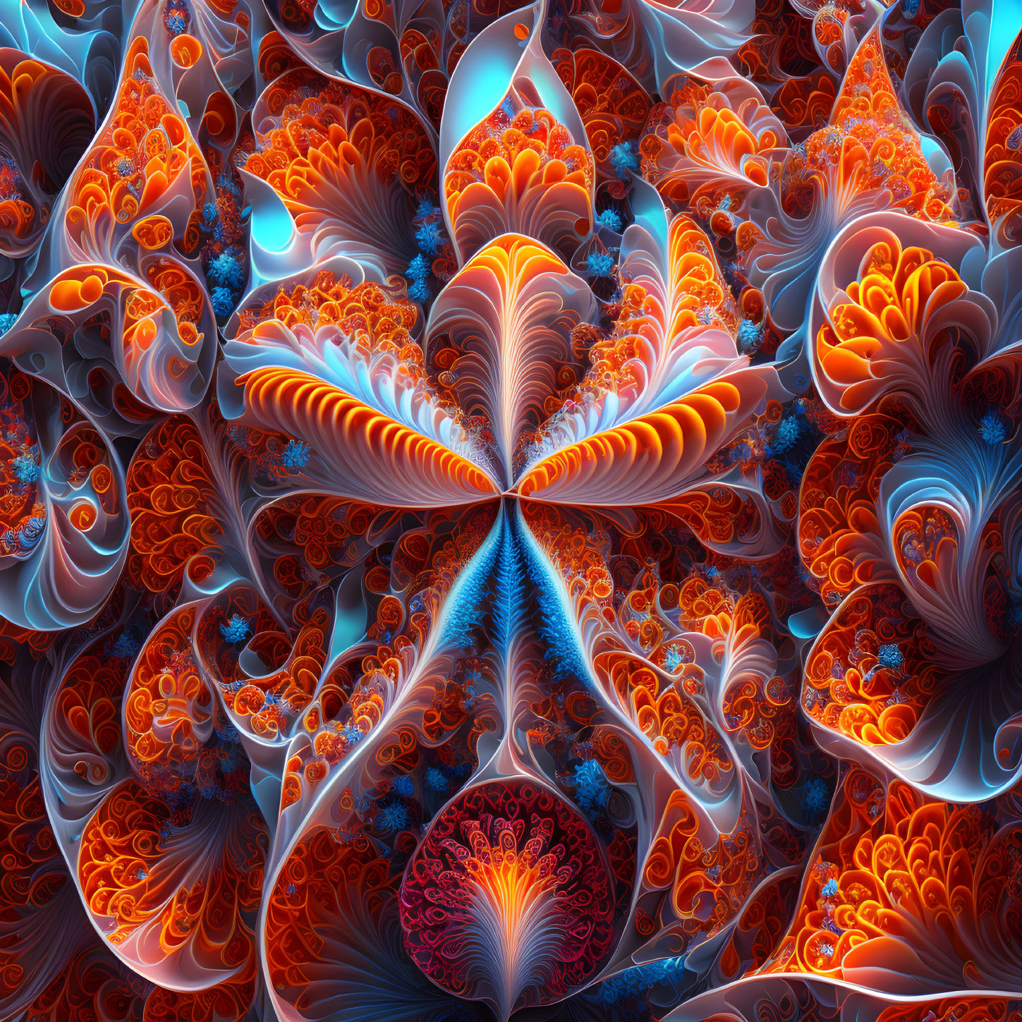 Symmetrical orange and blue fractal patterns in intricate design