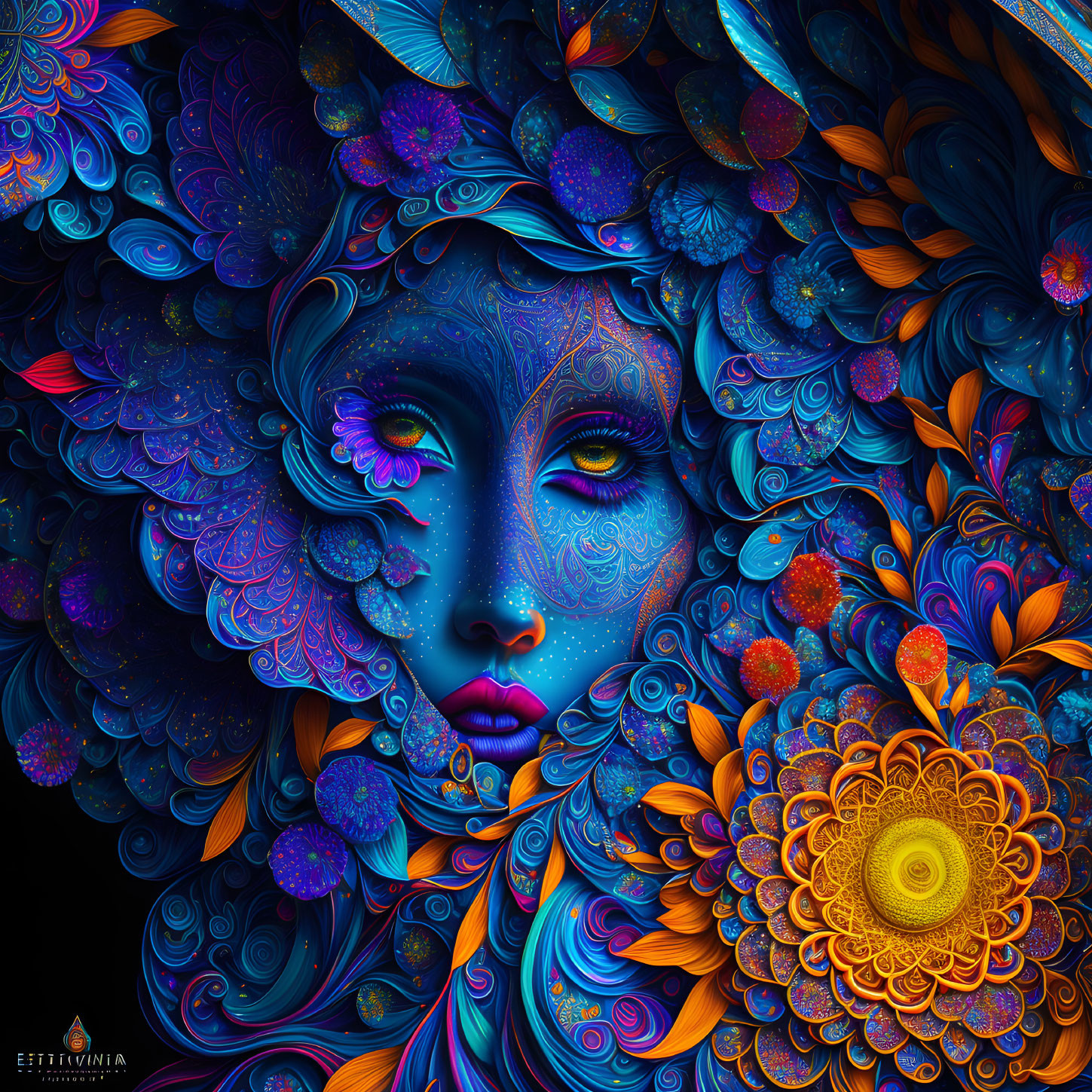 Colorful Floral and Paisley Patterns Intricately Blend with Woman's Face in Digital Art