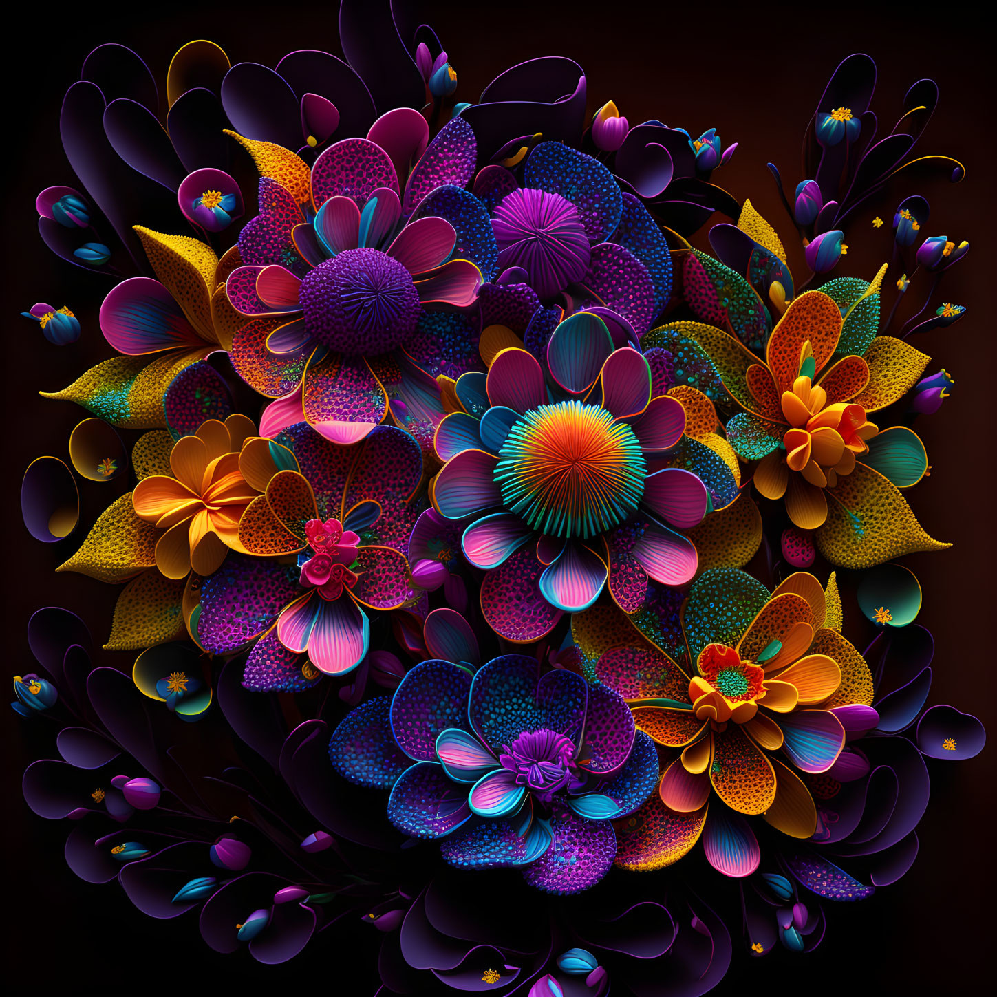 Colorful Stylized Flower Bouquet Artwork on Dark Background