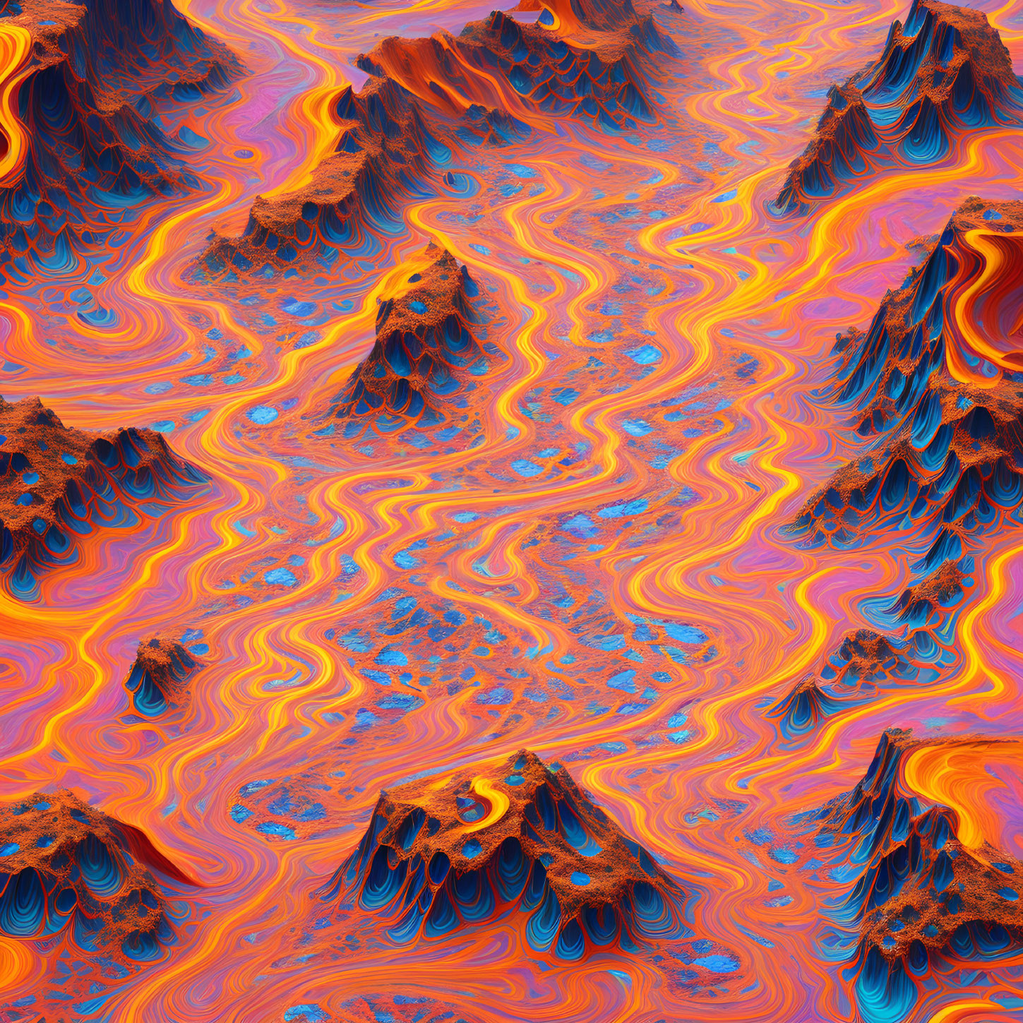 Surreal digital art: vibrant landscape with orange and blue wavy patterns