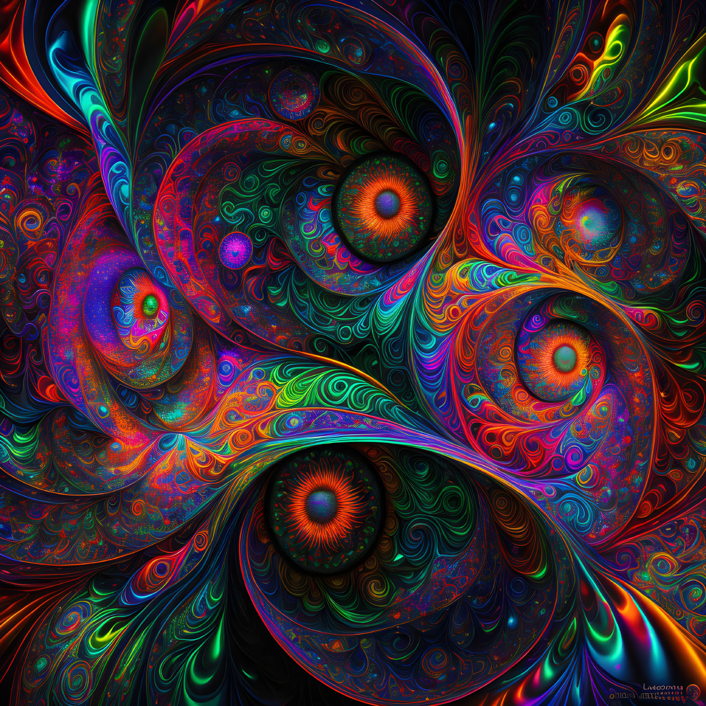 Colorful digital art: neon fractal patterns with psychedelic eyes and spirals