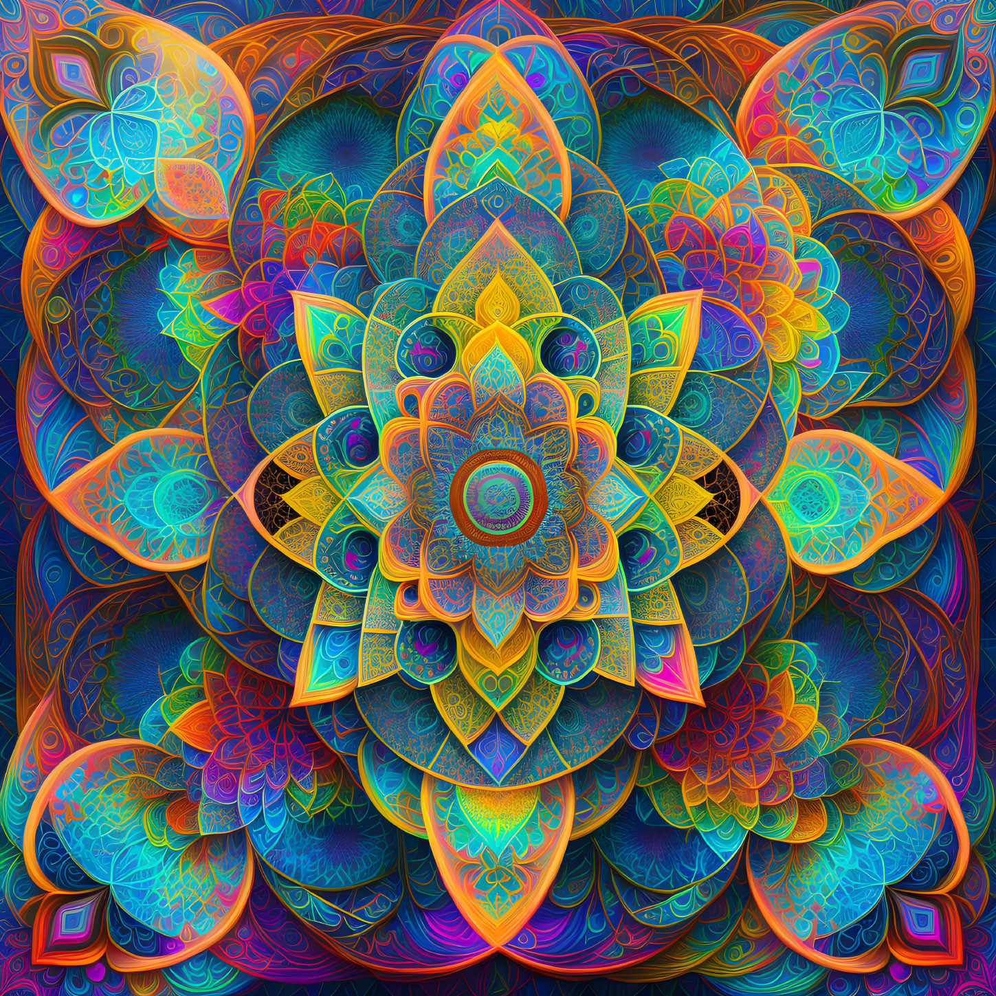 Colorful Mandala Design with Floral and Geometric Patterns in Blues, Oranges, and Purp