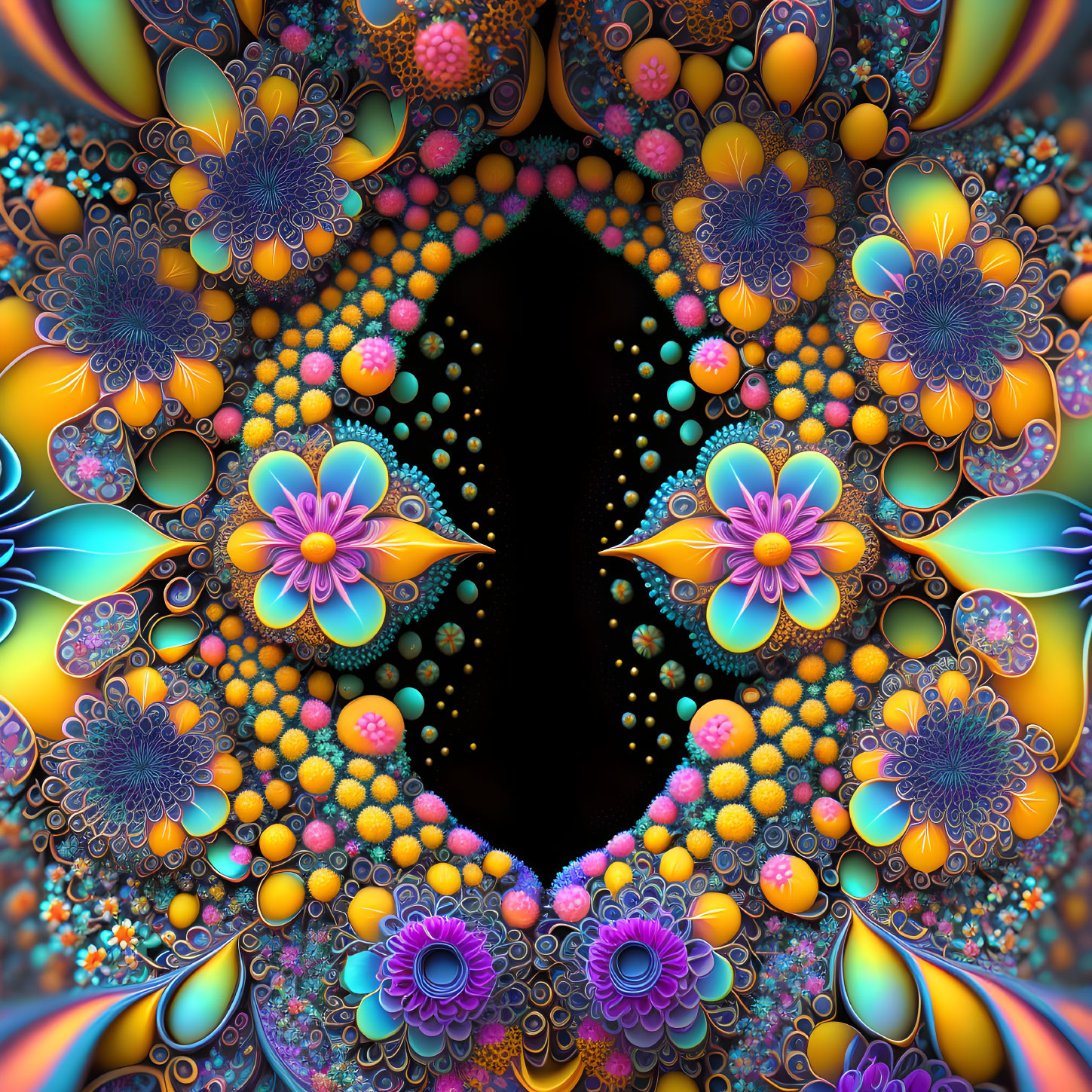 Symmetrical fractal image with vivid colors and intricate flower and sphere patterns