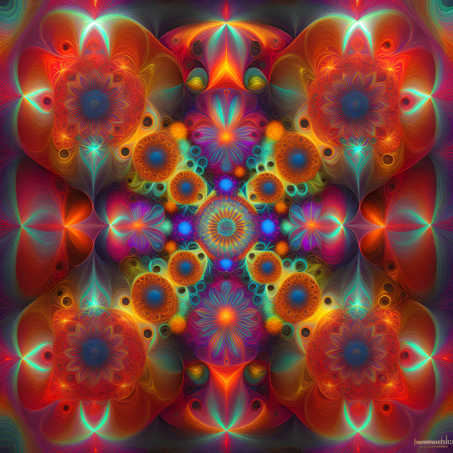 Symmetrical digital fractal art in vibrant orange, blue, and purple tones