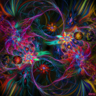 Colorful digital art: neon fractal patterns with psychedelic eyes and spirals