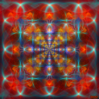 Symmetrical orange and blue fractal patterns in intricate design