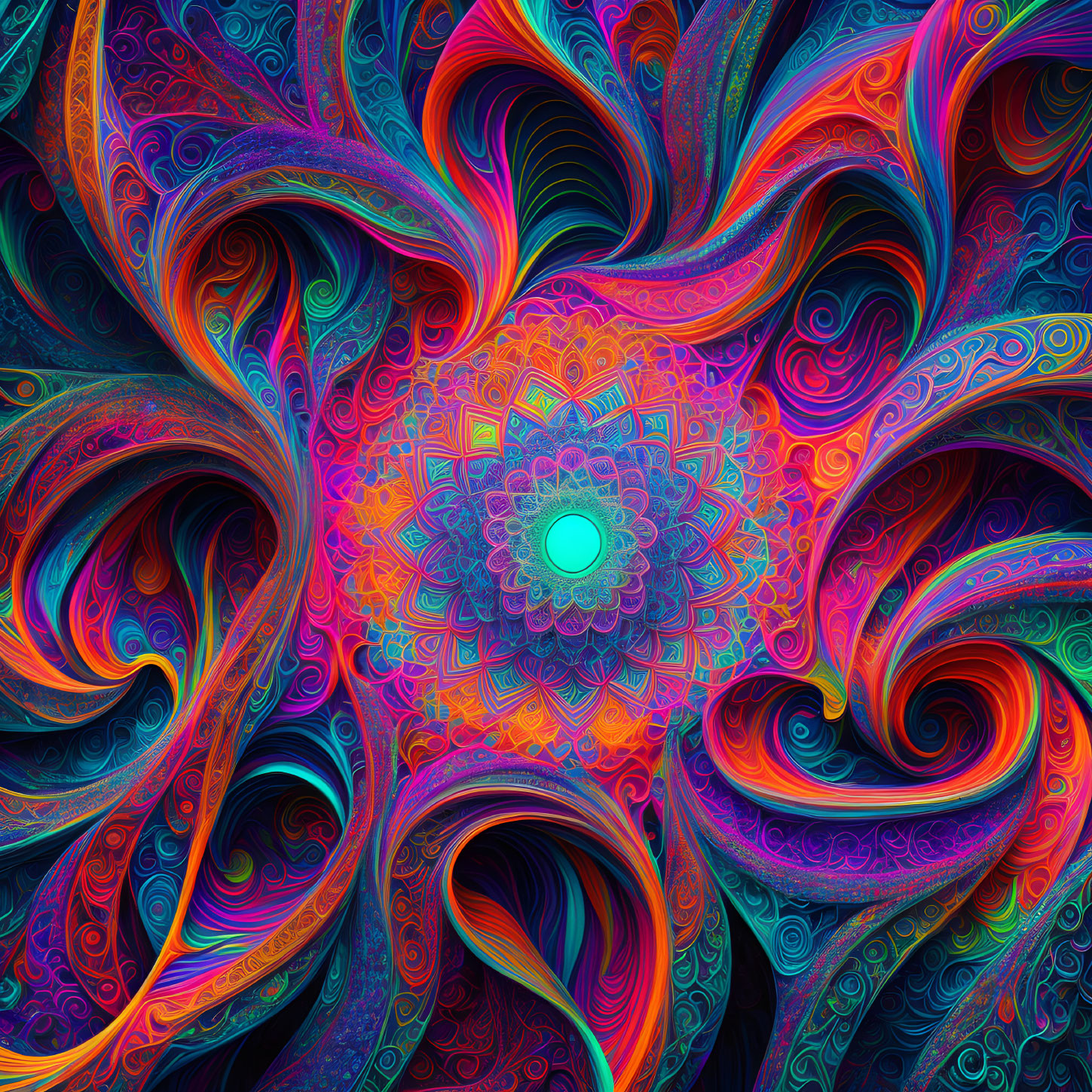 Colorful fractal art with intricate patterns and cyan focal point