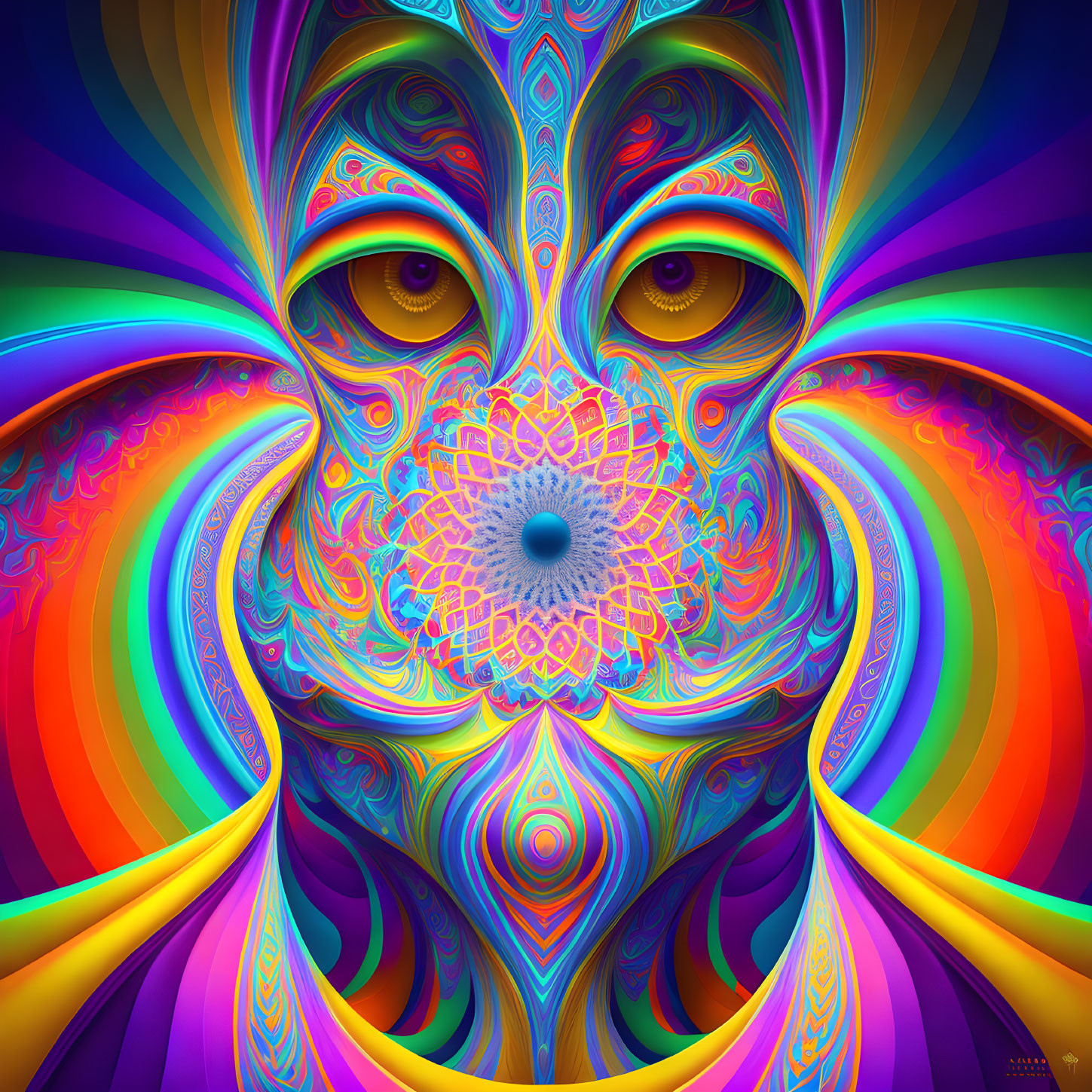 Symmetrical kaleidoscopic digital artwork with vibrant colors