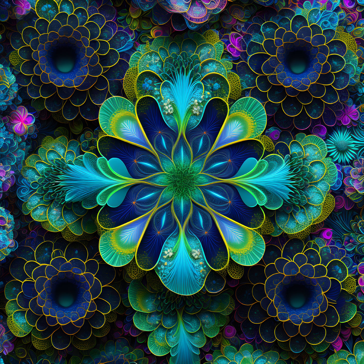 Intricate Blue, Green, and Gold Fractal Art on Dark Background